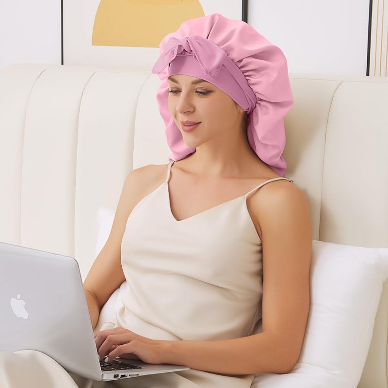 Supaze Long Bonnet For Sleeping, Satin Silk Bonnet With Tie Band, Jumbo Hair Bonnets For Women Long Braids Natural Curly Hair showercap(Pink) - Image 3